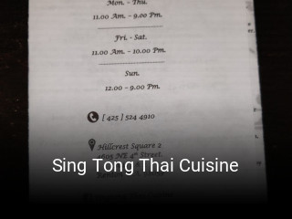 Sing Tong Thai Cuisine opening hours